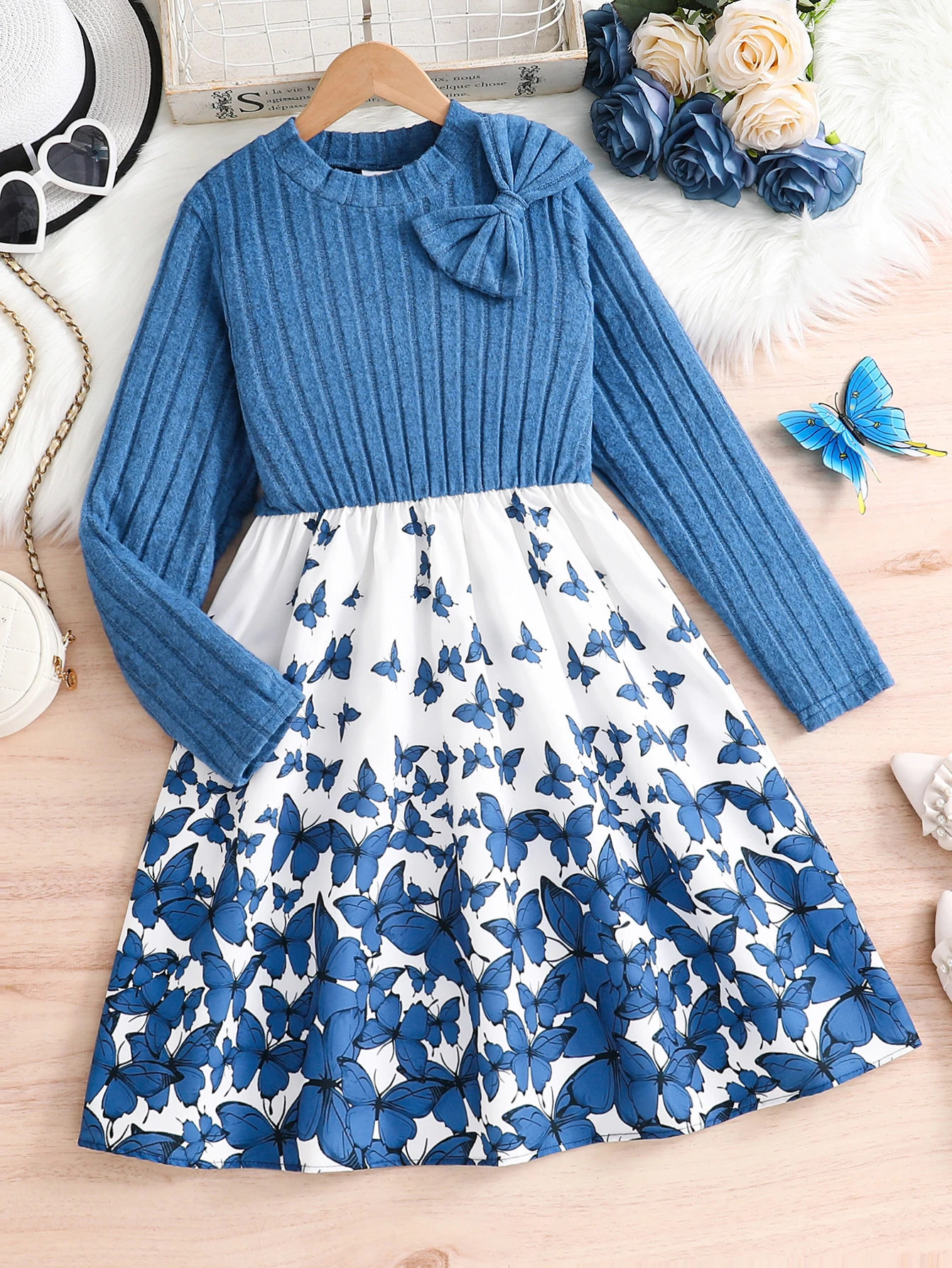 1-Piece Spring and Autumn Fashion Casual Style Knit Dress for Girls Aged 8-12, Featuring a Round Neck, Ribbed Design, Solid Color, and Dual Print Patterns, Suitable as a Gift for Eid, Easter, Carnival, Chinese New Year, and Other Holidays
