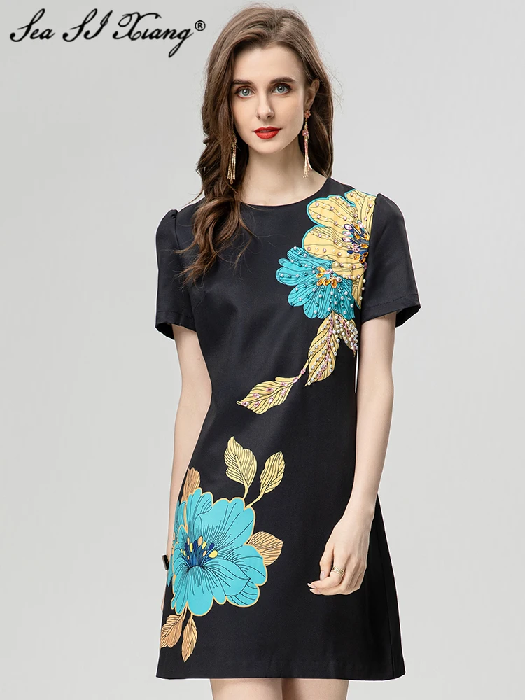 

Seasixiang Fashion Designer Summer Mini Dress Women's O-Neck Short Sleeve Beading Diamonds Floral Print Vintage Dresses