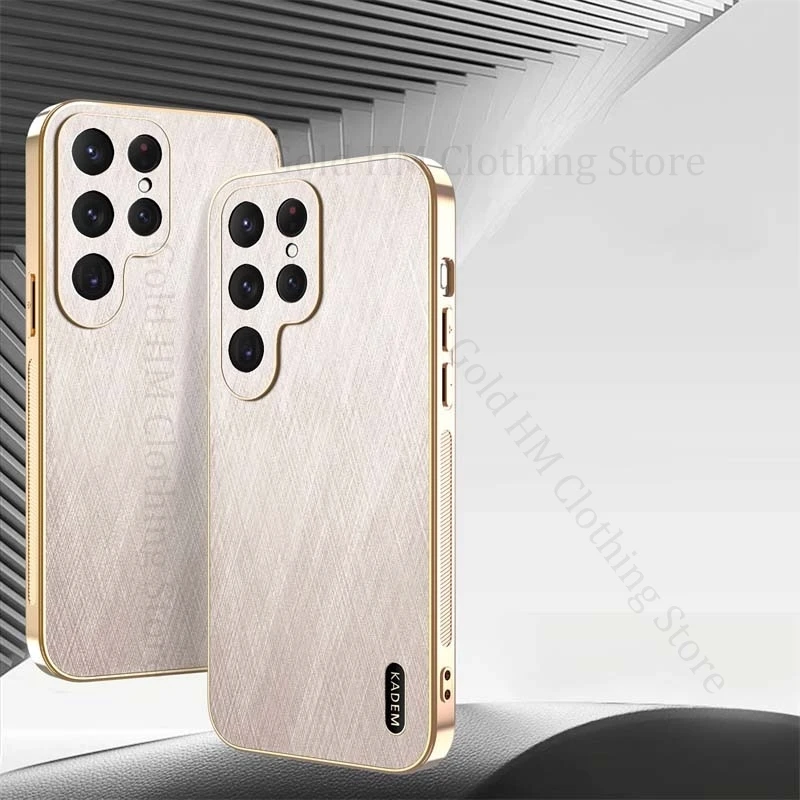 

For Samsung S25 Ultra 3D Gold Silk Texture Leather Phone Case For Galaxy S24 FE S23 Ultra S22 Plus 6D Plating Bumper Back Cover