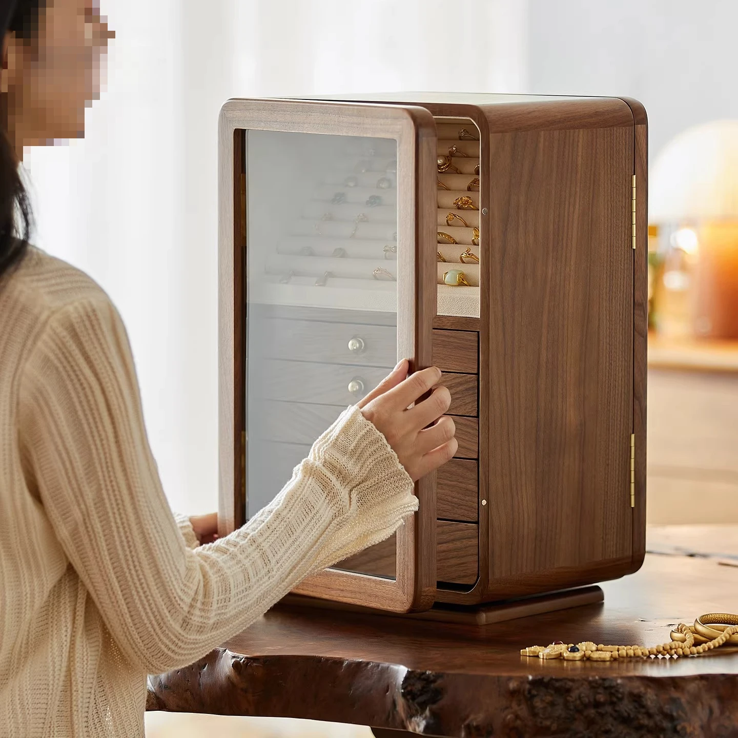 Black walnut drawer type light luxury jewelry box, crystal yellow solid wood large-capacity jewelry box storage, anti-oxidation