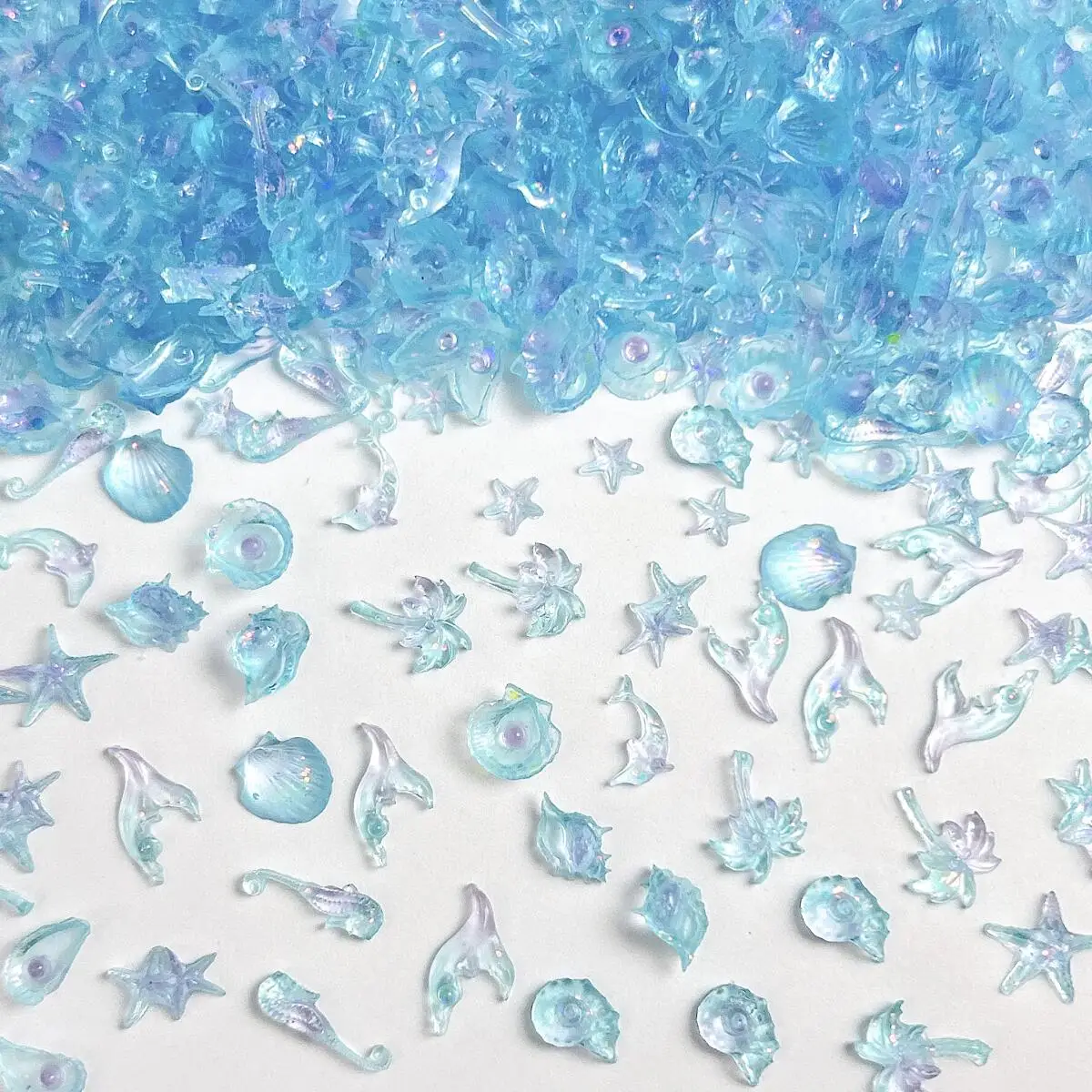 ドリーミーブルーホワイトシェルフィッシュテールレジンネイルチャーム3DファインスパークリングドルフィンスターフィッシュオーシャンシリーズネイルアートデコレーションDIY用