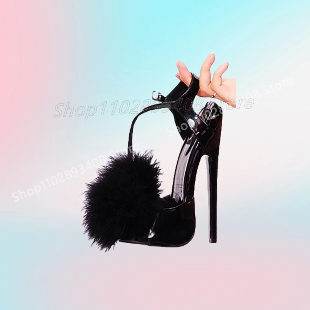

Black Feather Decor Peep Toe Sandals Shiny Leather Extreme Stiletto High Heel Party Sexy Women Shoes 2025 Summer Para Mujere