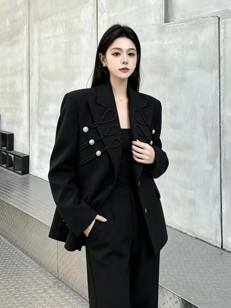 New design Braided Strap Decor blazer women Spring autumn Grey Black Oversize Notched Lapel Single Button Jacket INKEO 6O018