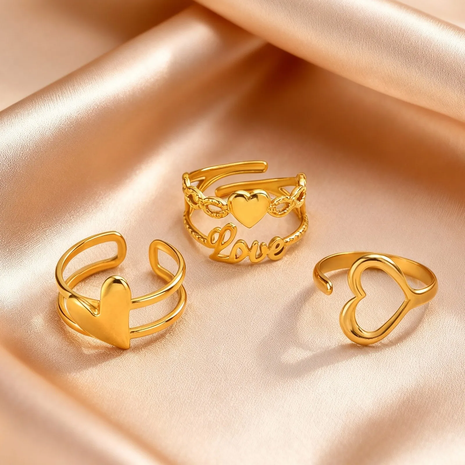 Women's Fashion Stainless Steel Hollow Love Heart Ring, Geometric Line Gold Plated Rings, Engagement Wedding Aesthetic Jewelry