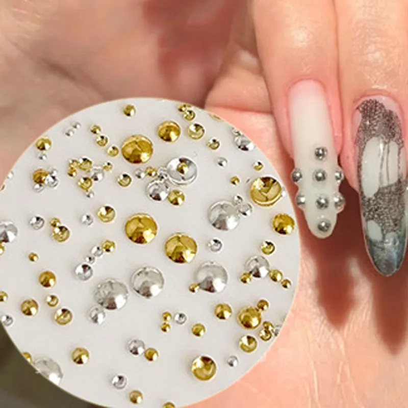 Nail Charms 0.8-3mm Flat Back Round 6 Grid/box Metal Nail Bead Micro Ball Manicure Bead Gold Silver Half Round Rivets