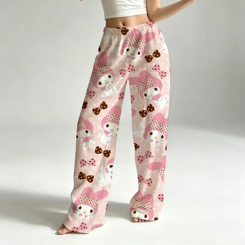 Kawaii HelloKitty Nautical Flannel Pajama Pants Cartoon Sports Print Womens Wide Leg Soft Fleece Sleepwear Home Trousers Gift