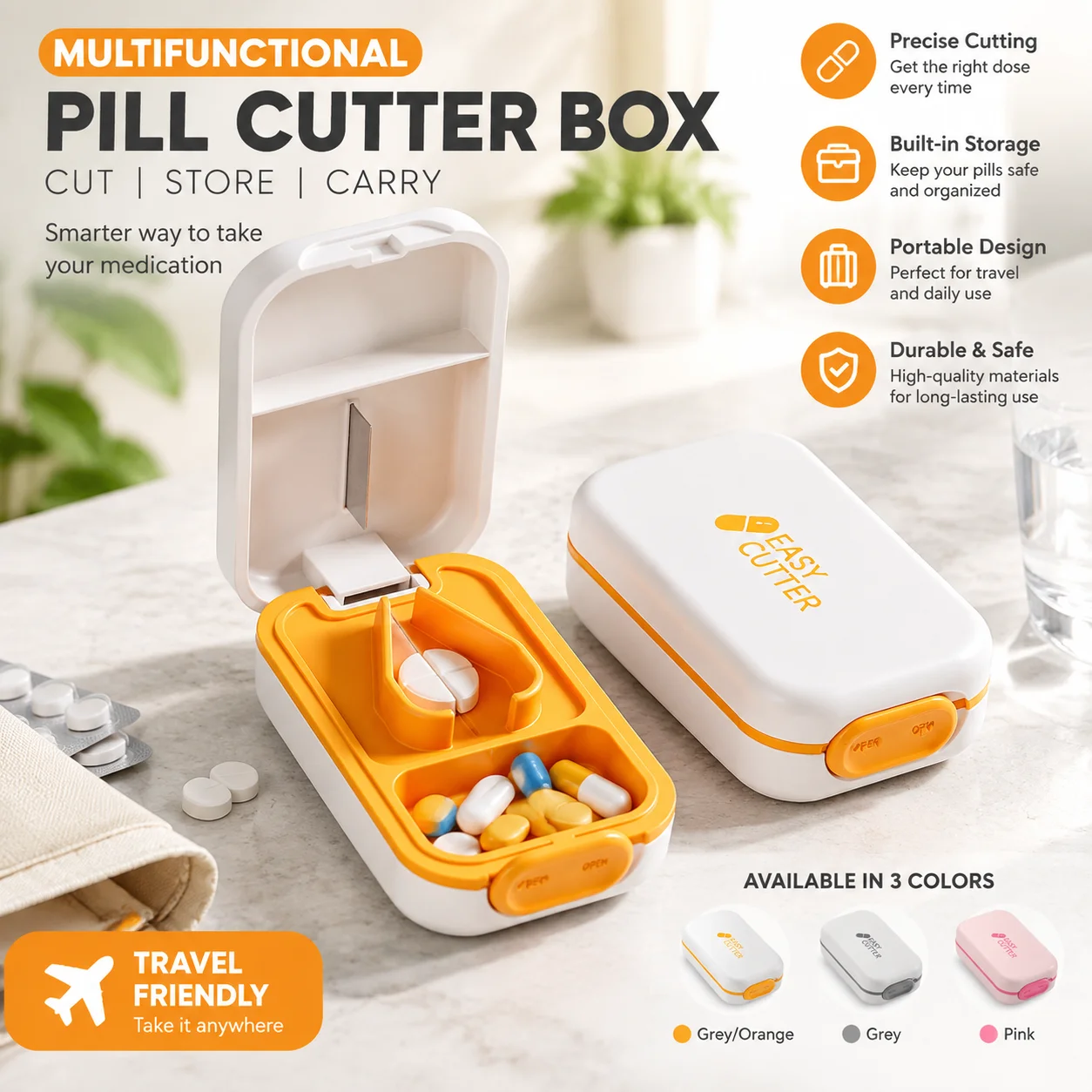 Japanese Pill Cutter Splitter Portable Medicine Organizer 1/2 1/3 1/4 Tablet Divider Case Stainless Steel Blade