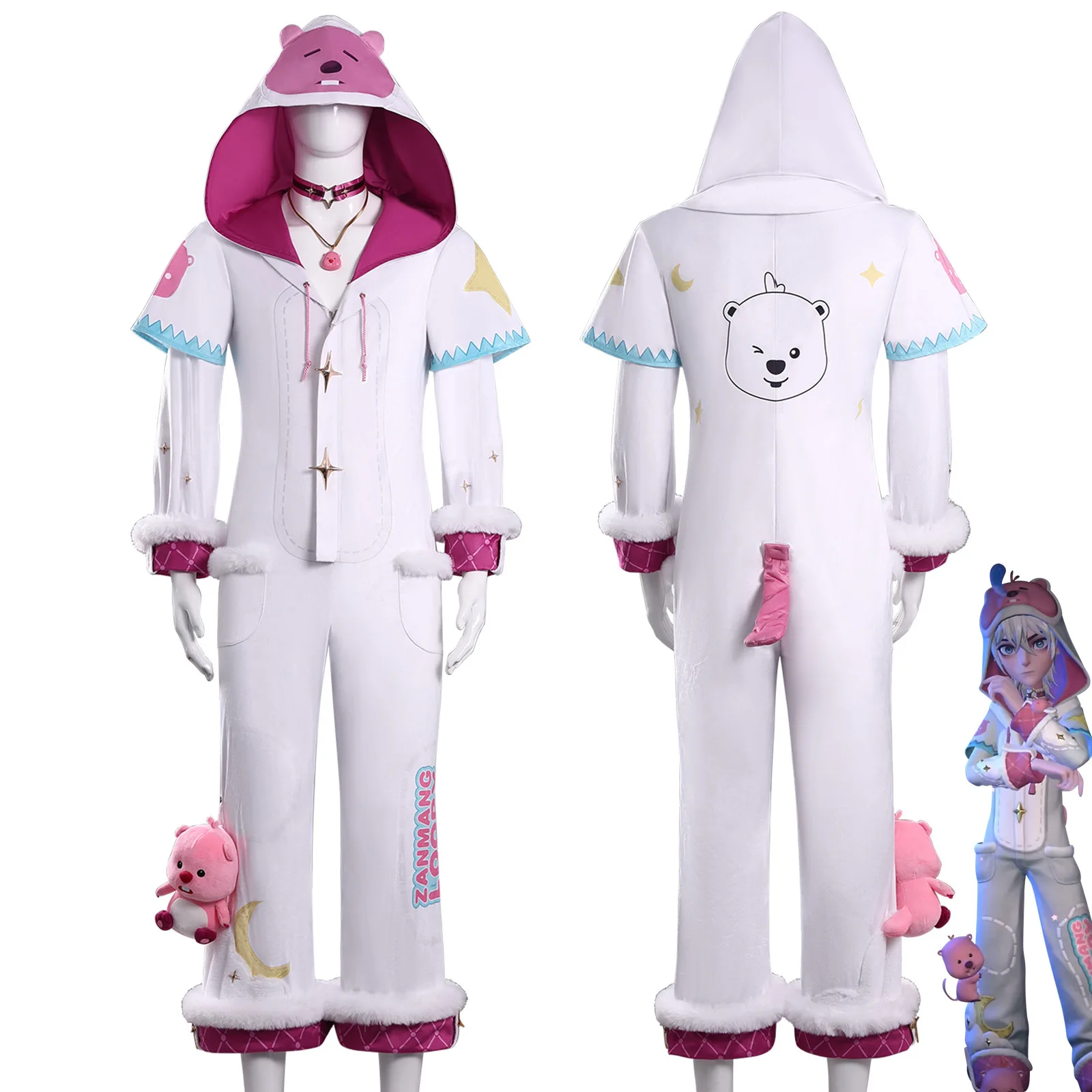Allen Fluffy Showdown Outfit Cosplay Set White Jumpsuit with Hoodie Pind Small Bear Printed Prop Costume for Man Halloween Suit view 5