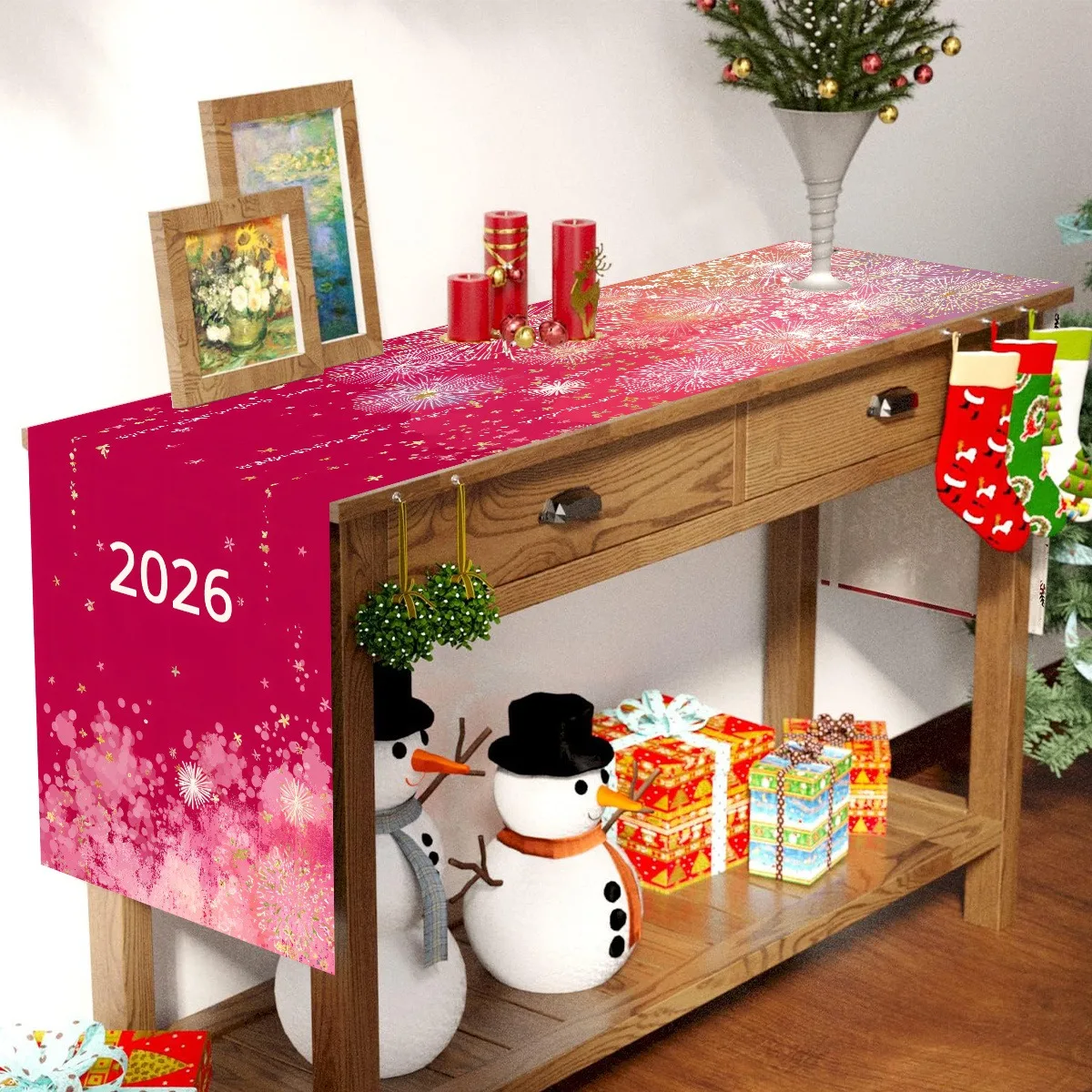 1 قطعة السنة الجديدة 2026 مفرش طاولة من الكتان للألعاب النارية باللون الذهبي الوردي ، تصميم مسطح ثنائي الأبعاد ، جاهز للعام الجديد ، مثالي لطاولة الطعام/المطبخ #3