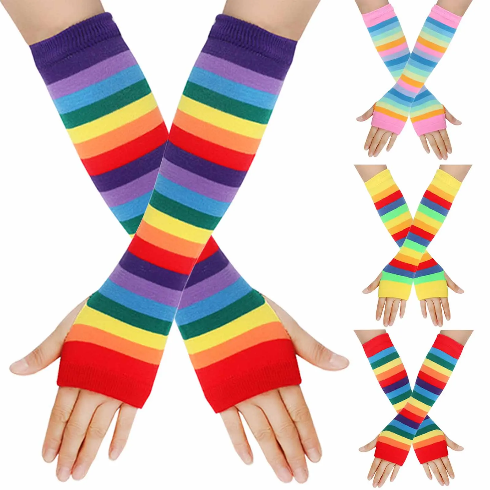 Women Rainbow Striped Elbow Gloves Long Fingerless Gloves Striped Knitted Elbow Mittens Cotton Wrist Sleeves Arm Warmer