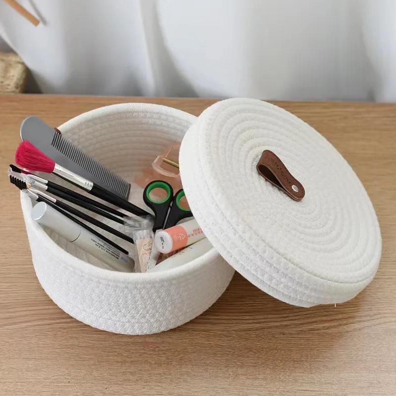 Cotton Rope Woven Tea Table Top with Lid Miscellaneous Sorting Basket Desktop Cosmetics Storage Basket Cesta De Ropa Sucia