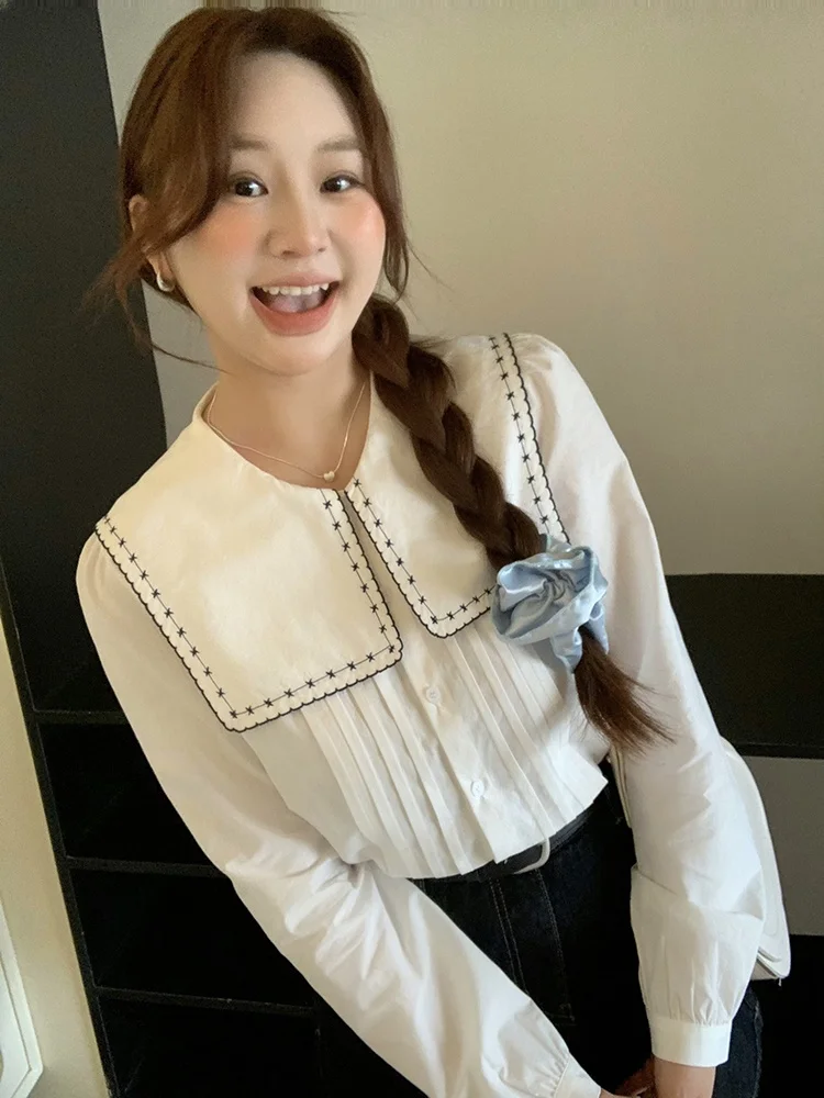 

Slimming Navy Collar irt for plus Size Women Korean Sle Sweet Brownie Casual Loose Fit Long Sve Cotton Top