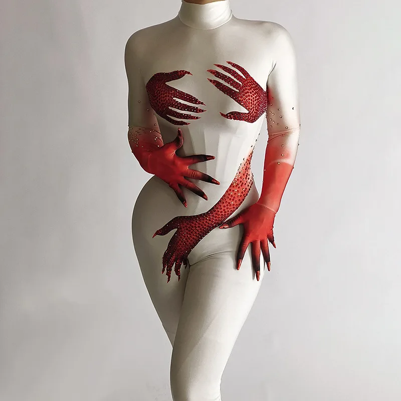Tuta da donna sexy Mani da donna Zentai Paillettes lucide Modello stampato Body Costumi di spettacolo per feste di carnevale di Halloween