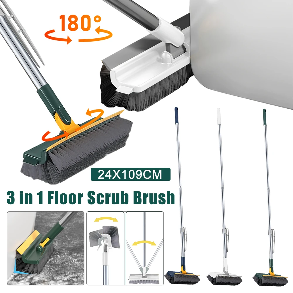 

3 in 1 Floor Brush Scrubber Toilet Tile Floor Brush 180°Rotating Long Handle Bristle Brushes Bathroom Household Cleaning Tools