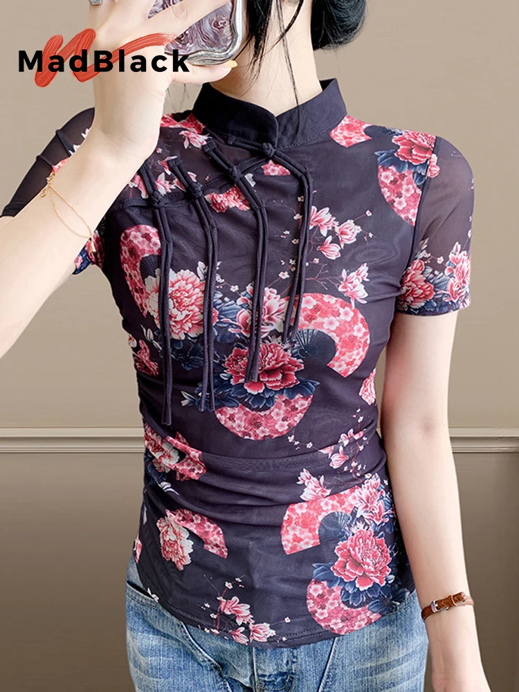 

MadBlack-Women's European T-Shirt, Sexy Stand Floral Print Button, Retro Short Sleeve Slim Mesh S-3XL Tee, 2025 Summer T56034CC