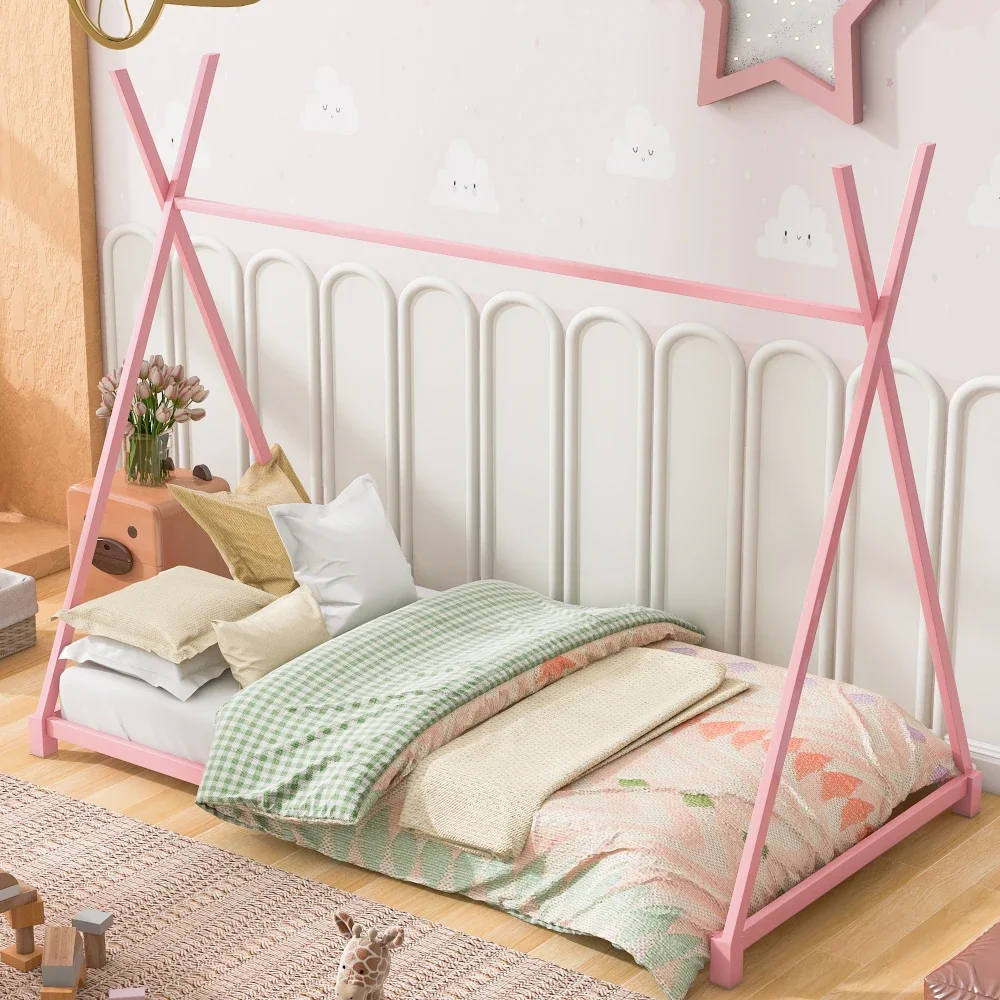 Children Beds Metal Twin Size House Platform Bed with Triangle Structure,Black White Pink  Wooden Beds Bed for Girls Kid Beds US