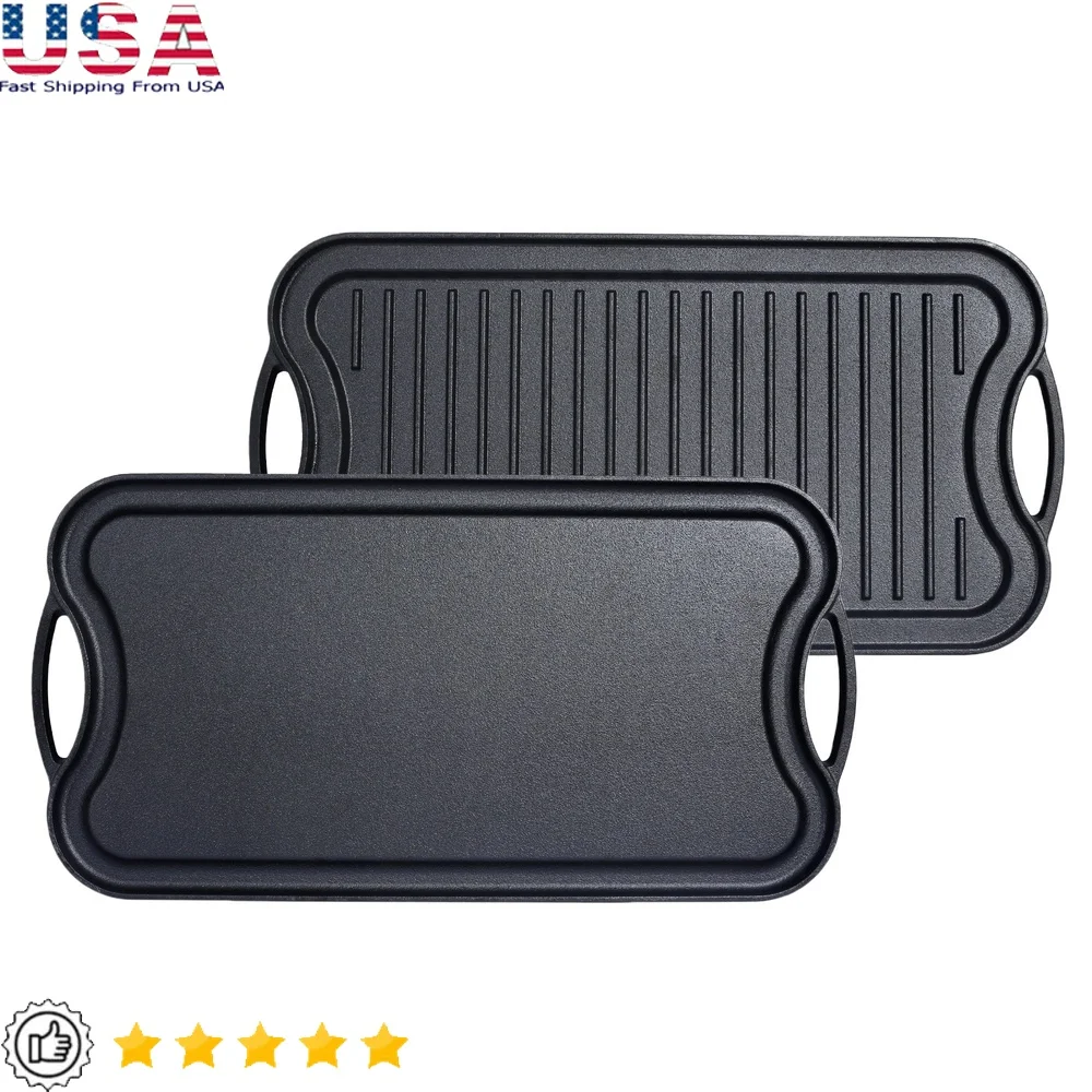 

Pre-Seasoned Cast Iron Reversible Grill Griddle 20x10 Inch Versatile Cookware Stovetop Oven Safe Durable Easy Care Non-Stick