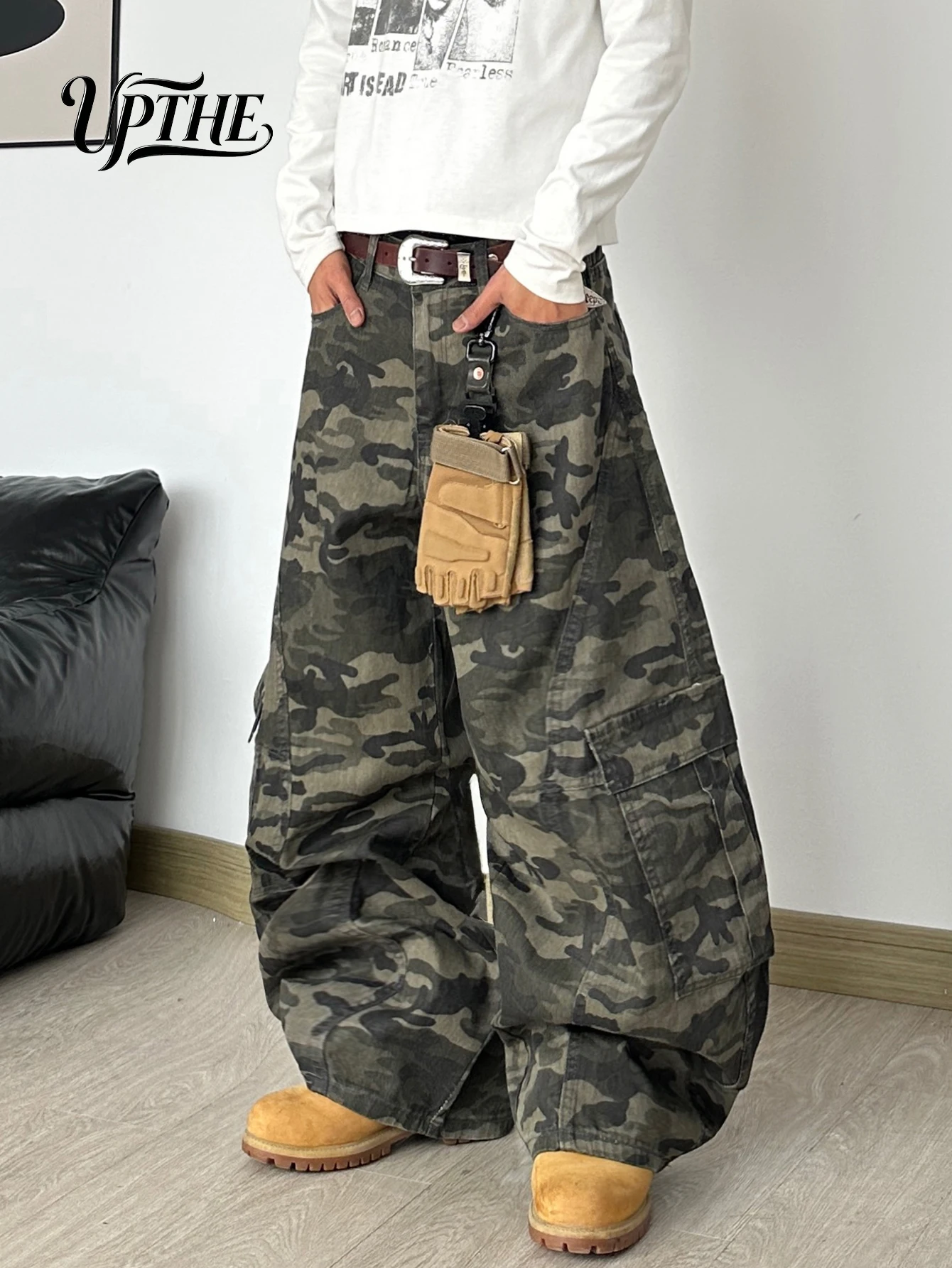 UPTHE Unisex Camo Baggy Cargo Jeans, Camouflage Printed Curved Wide Leg Denim Pants, Oversized Loose Fit Tactical Streetwear Floor Length Trousers