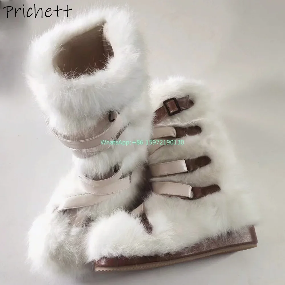 Cony Hair Soft Snow Boot Buckle Belt Thick Soled White Knee High Boots Large Size Winter Warm Lovely Fashion Runway Boots