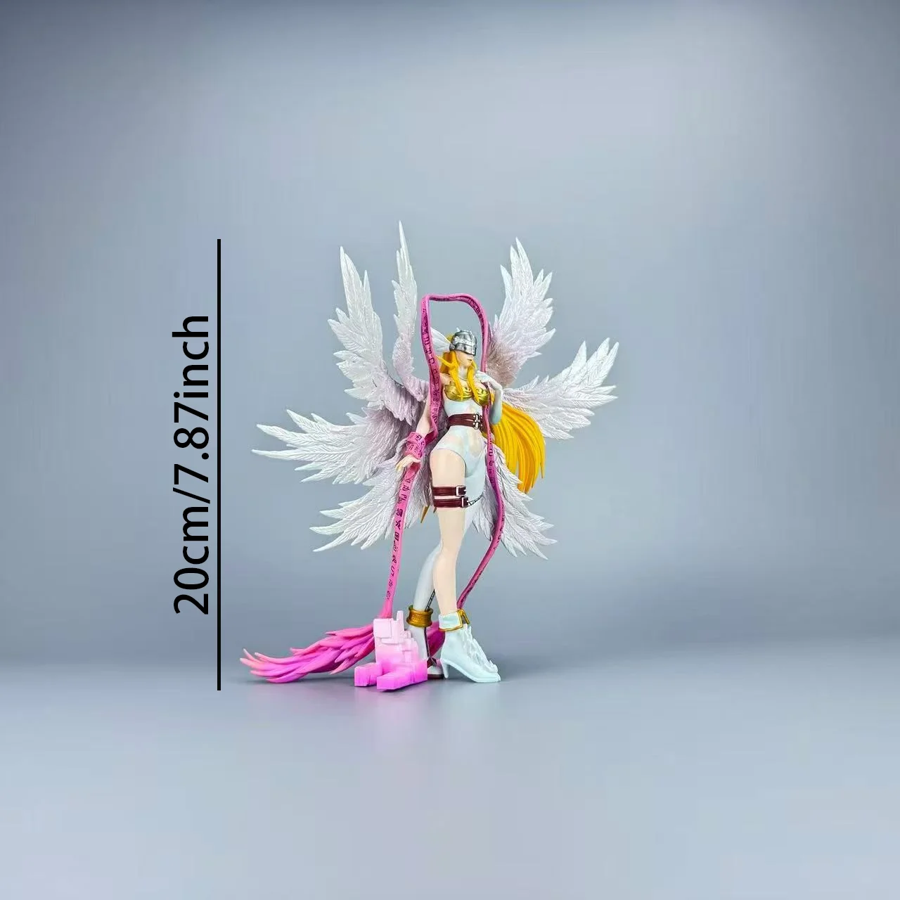 Anime Style Blonde Hair Angel Figure PVC White Wing Beauty Statue with Pink Ribbon