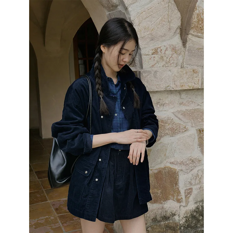

Jacket Coat Women Vintage Corduroy Jackets Turn Down Collar Single Breasted Pockets Overcoat Autumn Office Lady Outerwear