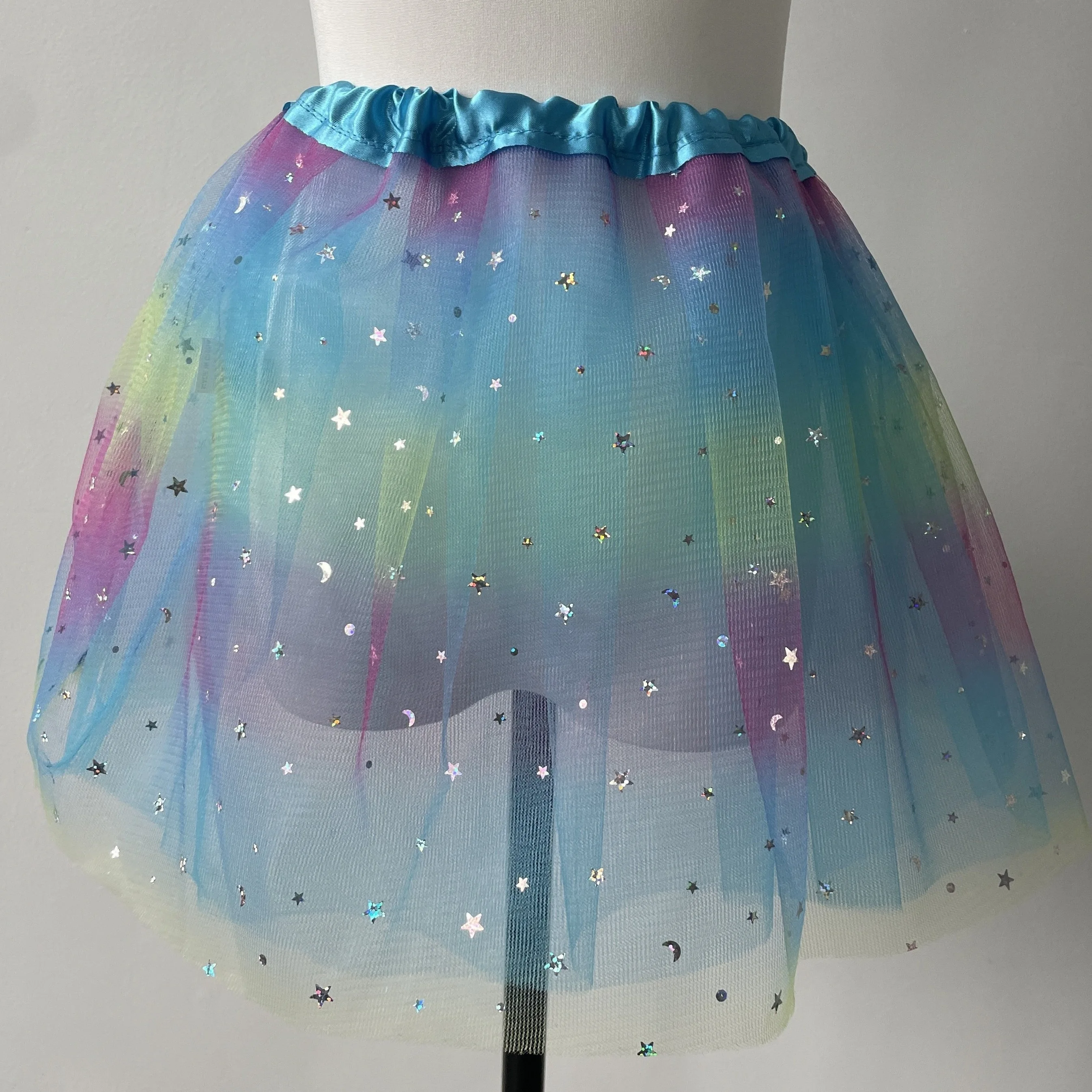 Candy colored mesh TUTUTU dress skirt with a small short skirt featuring sparkling stars and moon patches
