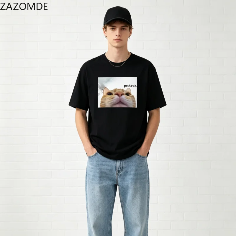 ZAZOMDE Oversized Loose Fit T Shirt Viral Cat Meme Graphic Pathetic Slogan Print Summer Casual O Neck Short Sleeve Unisex Tees