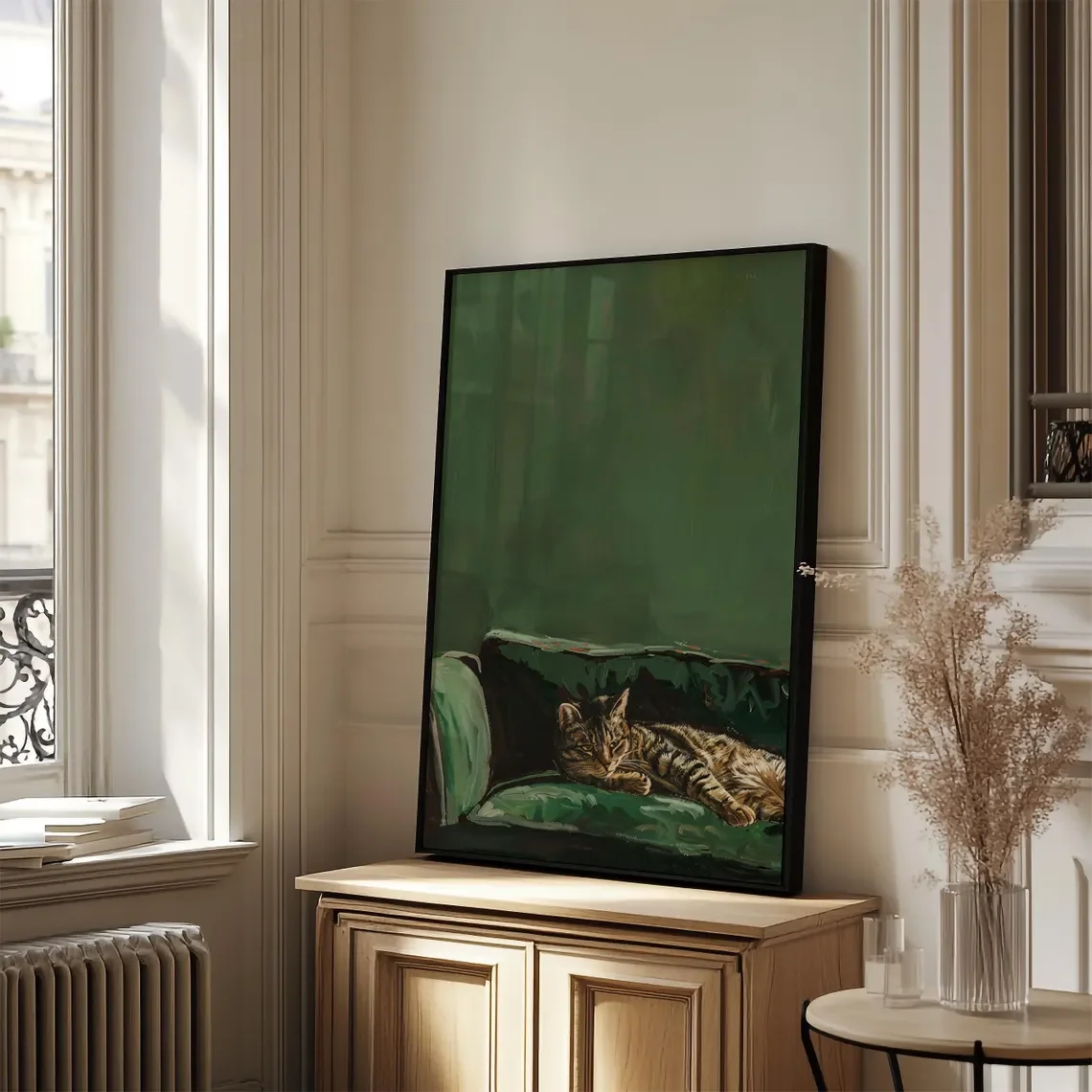 Sleepy Tabby Cat Art Print: Green Velvet Sofa, Cozy Living Room Decor