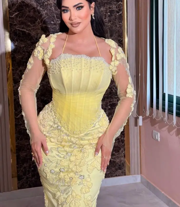 ชุดราตรีลูกไม้ลายดอกไม้แบบสั่งทำพิเศษ คอร์เซ็ตแบบผูกคอ ชุดราตรีงานพรอมแขนยาวปักลาย ชุดแต่งงานทรงเมอร์เมดสำหรับงานปาร์ตี้