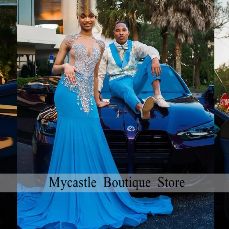 فستان حورية البحر الأزرق اللامع الجديد للحفلات الراقصة 2026 للفتيات السود فضي دايموند حجر الراين مطرز رداء حفلات Vestidos De Gala P