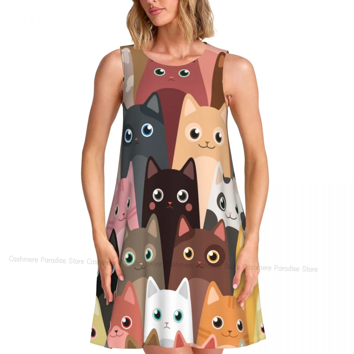 Robes d'été pour femmes, t-shirt de plage, sans manches, dessin animé, chats mignons, décontracté, ample, débardeur, 2025