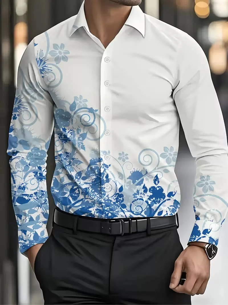 

Новая мужская модная белая рубашка с 3D-принтом и цветочным принтом, повседневный дизайн с пряжкой с длинными рукавами и модный топ-рубашка