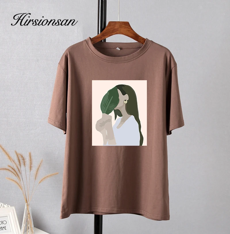 Hirsionsan Harajuku Printed T Shirt Women 2023 Summer Chic Tees 100% Cotton Elegant Graphic Clothes Loose Casual Pullover Tops