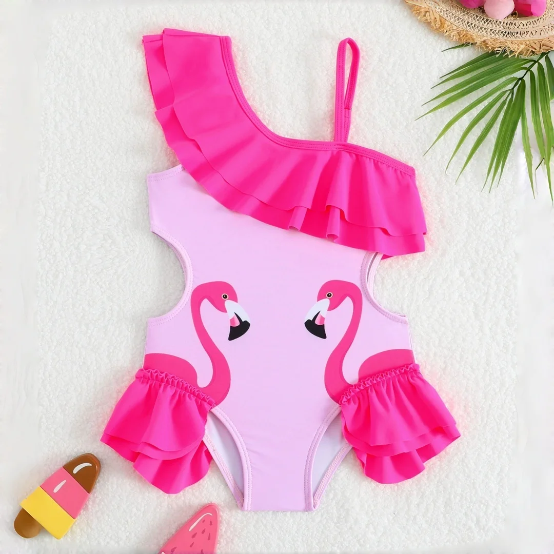

Цельный купальник с принтом фламинго для девочек, 2026, с рюшами по низу и регулируемыми бретелями, летний купальник для девочек от 4 до 7 лет