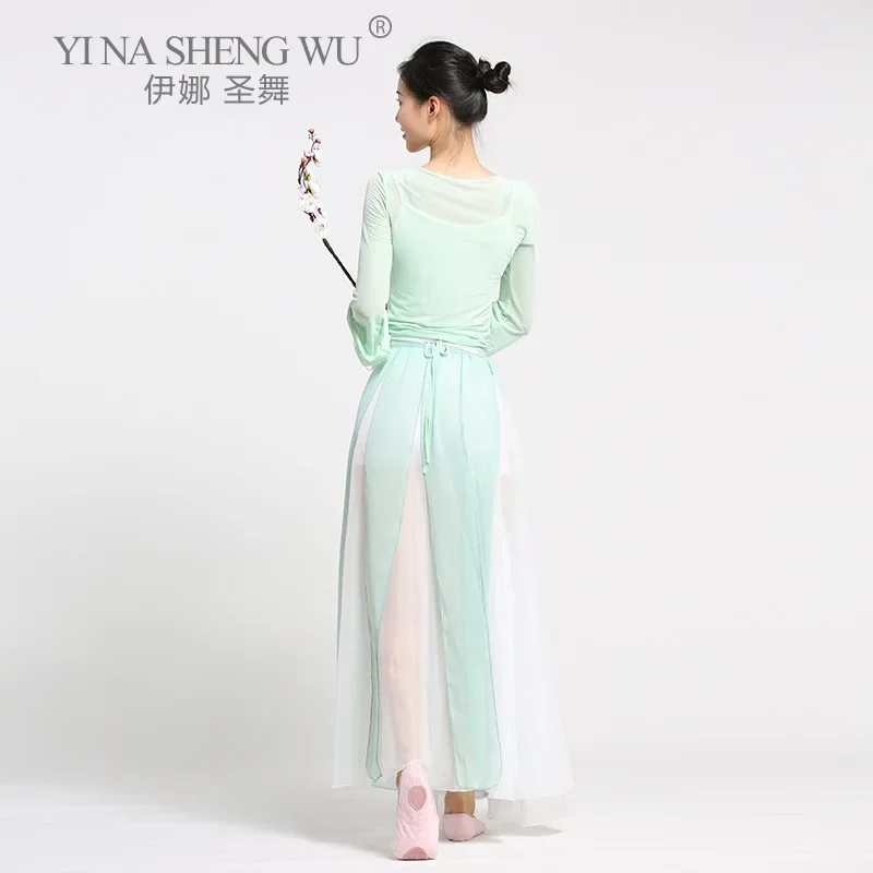 Strój do tańca chińskiego tradycyjnego damski długi rękaw suknia do występów klasyczny ludowy taniec sukienka sceniczna cheongsam spódnica szyfonowa