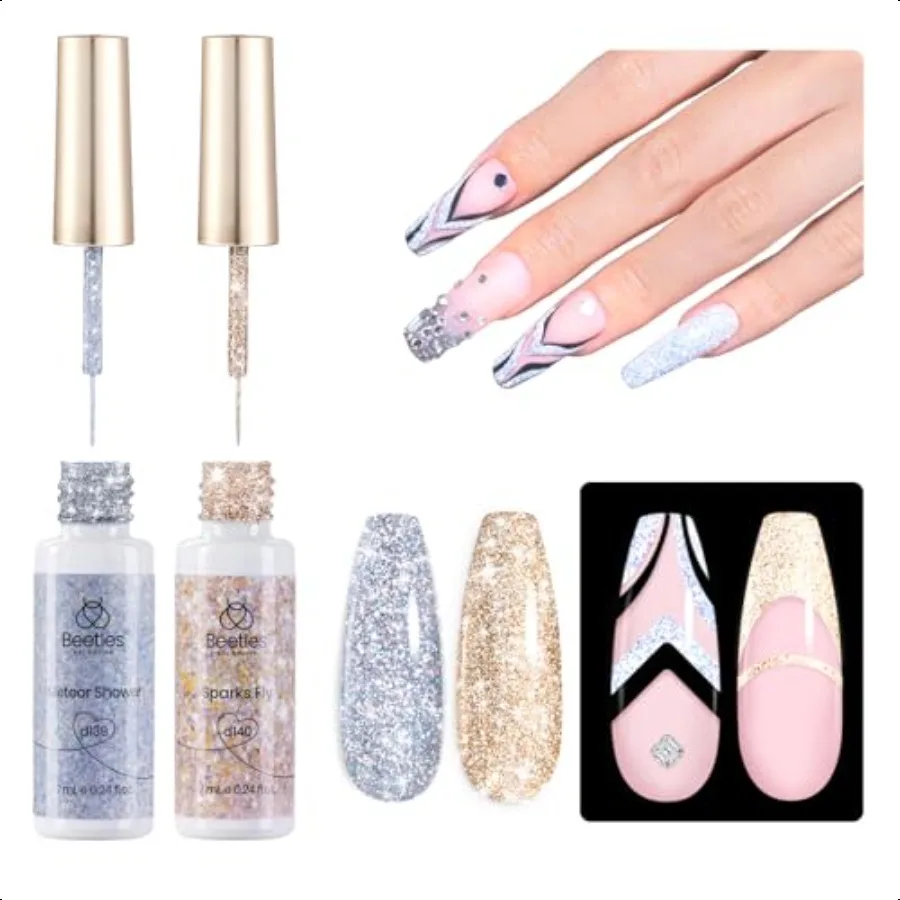 

Beetles Sier Golden Nail Art Гель-лайнер 2 шт. Светоотражающий блестящий гель-лак для ногтей Soak Off УФ-лампа для тонких французских линий ногтей Мужчина