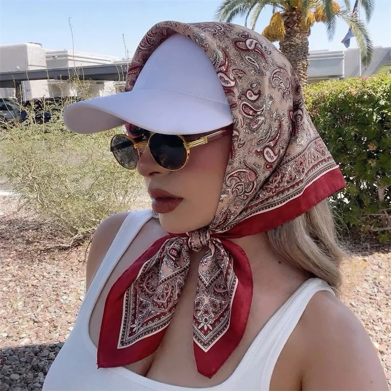 

2026 Satin Square Scarf Women Muslim Hijab Elegant Print Silk Neckerchief Shawl Wraps Headband Handle Hair Accessories Bandana