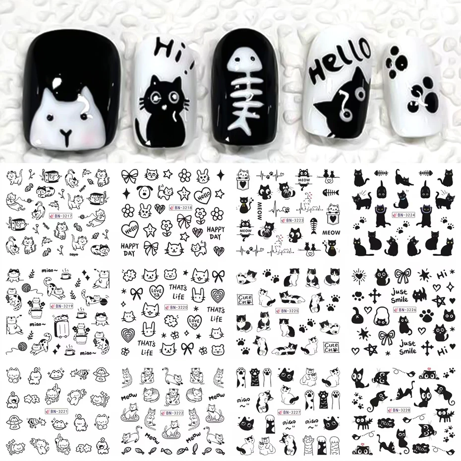 

12pcs Cartoon Cute Cat Stickers For Nails Star Flower Bow Nail Water Decals Sliders Korean Japanese Nail Art Manicure Decoration
