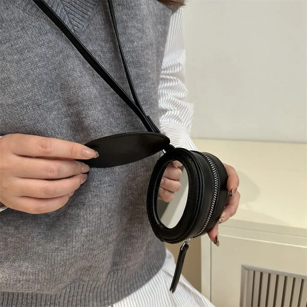 Ins PU Leather Hanging Neck Coin Purse Oval with Makeup Mirror Earphone Bag Cute Round Lanyard Wallet Girls/Female