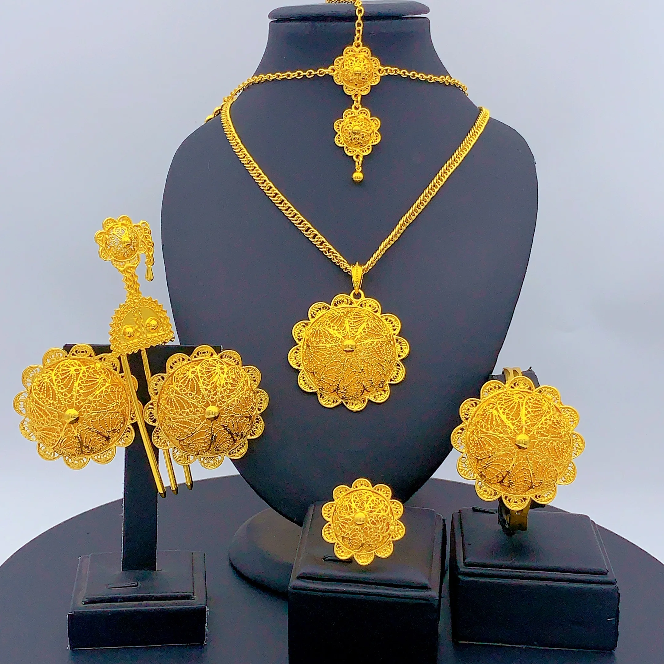Äthiopisches Dubai 24k vergoldetes 6-teiliges Schmuckset für Frauen, afrikanisch-indische große Anhänger-Halskette, Hochzeits- und Verlobungsgeschenke.