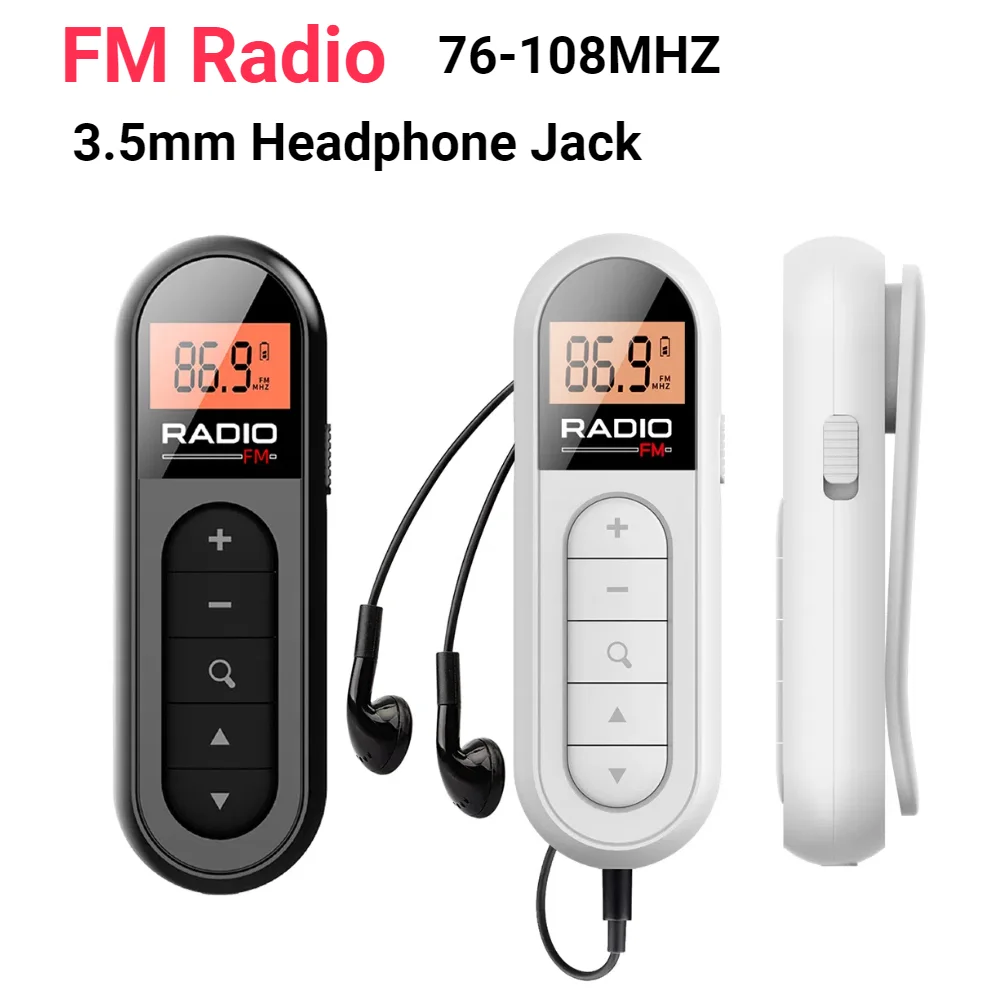 Mini Pocket FM Radio 76-108MHZ Clip Small Radio Rechargeable Walkman Radio 3.5mm Headphone Jack for Conference Tour Guide Racing