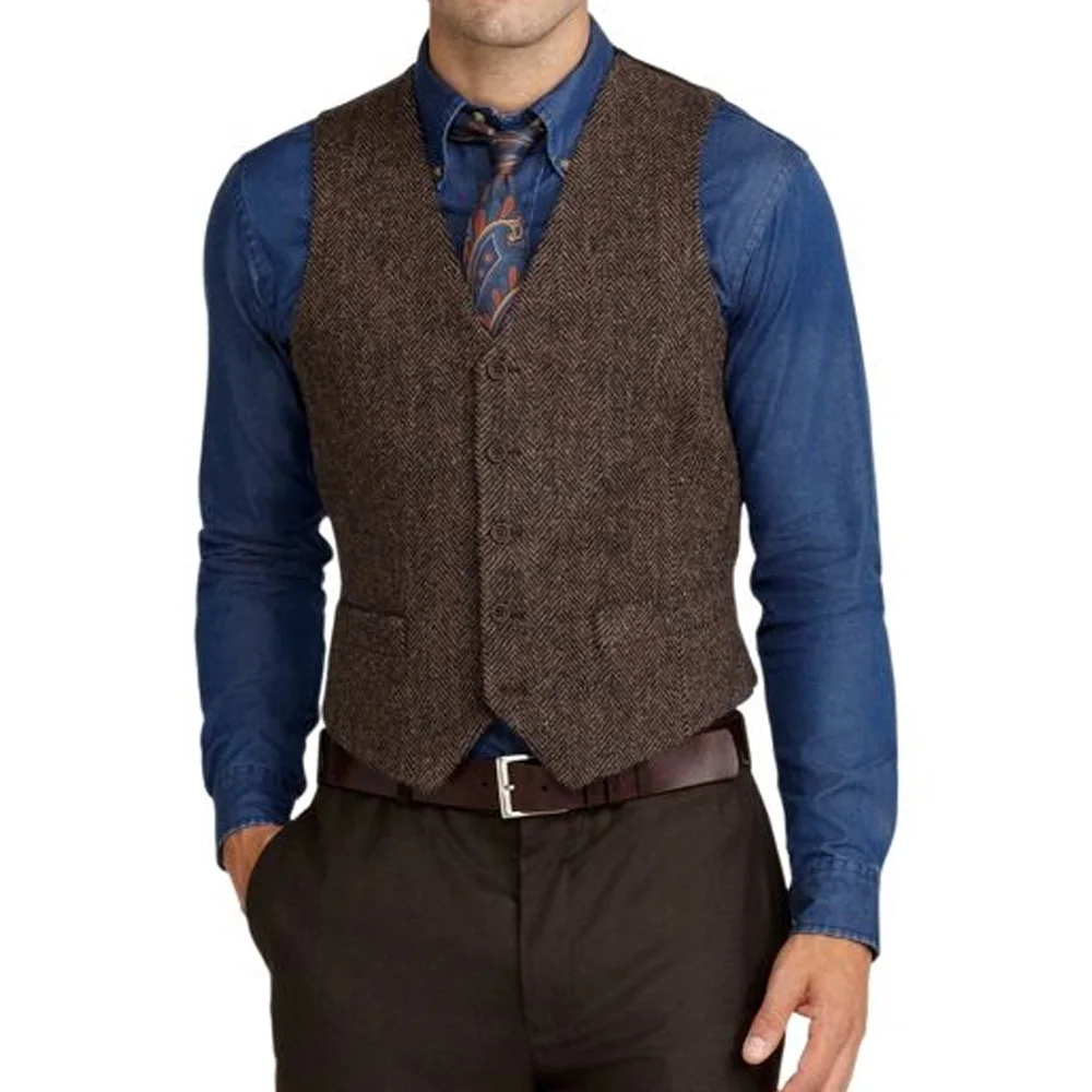 

Мужской жилет: повседневный, элегантный, для мужского костюма, винтажный, из ткани «ёлочка», однобортный, деловой стиль, V-образный вырез, классический крой