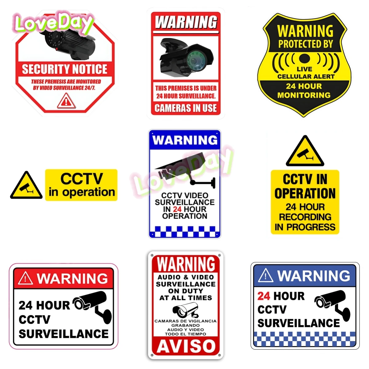 

24 Hours Security Camera Surveillance Sticker CCTV System Video Warning Decal Vinyl Window Glass Safety Warning Label Sticker