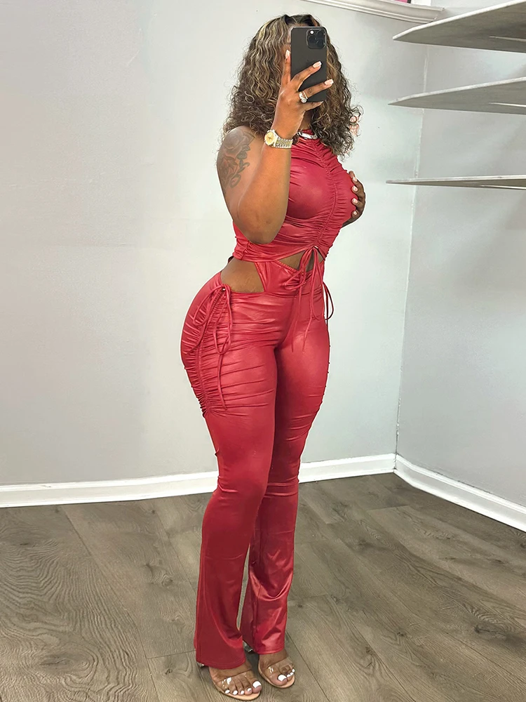 Cutenew Hollow PU Sexy Shirring Donna Lusso 2 pezzi Set Canotte a vita bassa + Pantaloni a vita alta Street Matching Clubwear Outfit