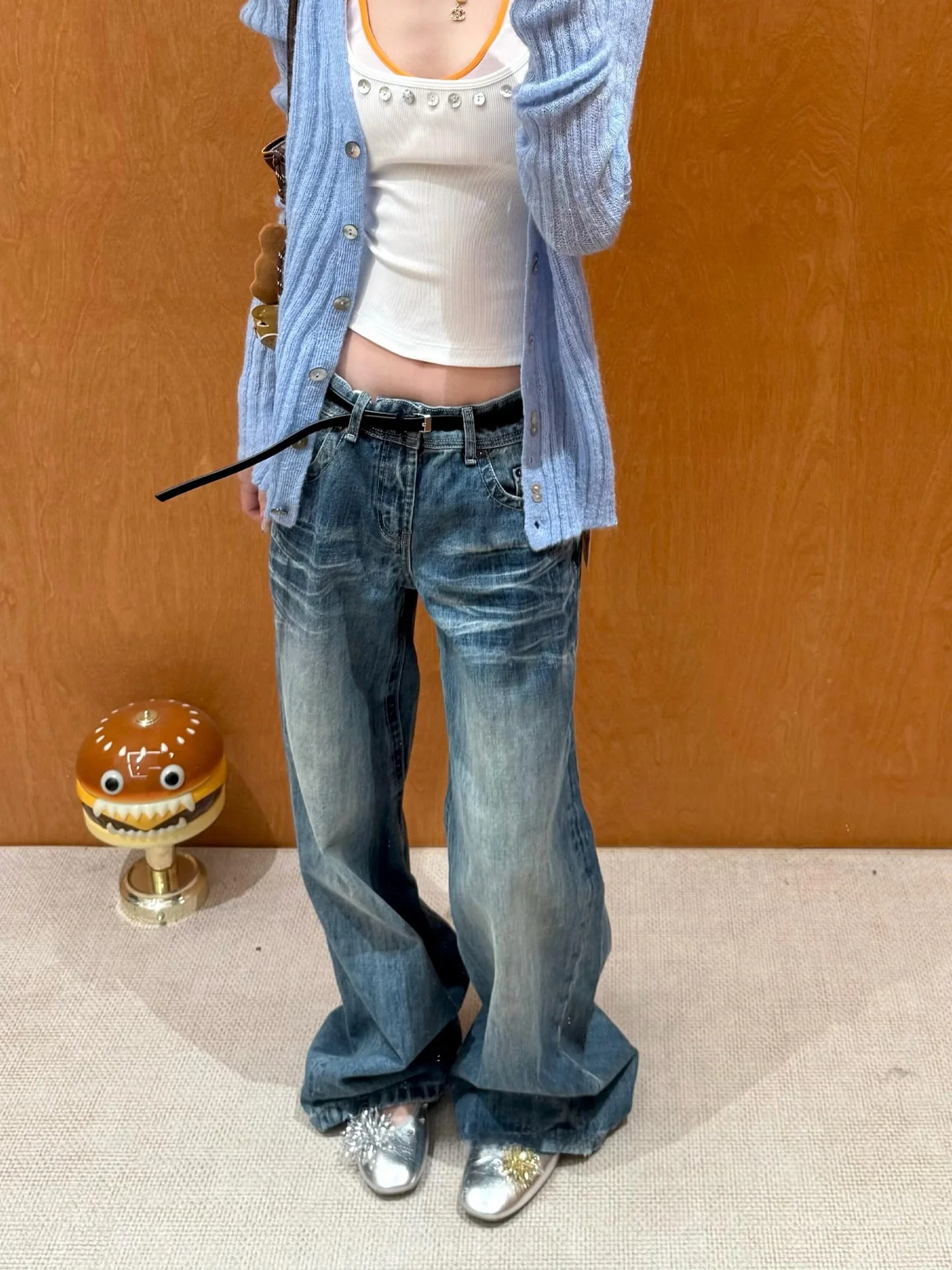 

Washed Blue High Waist Straight Leg Jeans Women's Summer New American Retro Slim Fit Floor Length Pants Casual Denim Skinnies