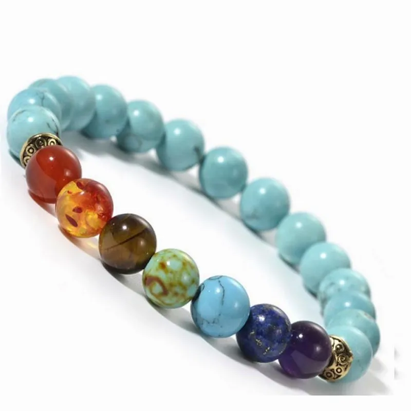 Handmade 7 Chakra Yoga Beaded Bracelet Rose Quartz White Turquoise Tiger Eye Volcanic Stone Healing Jewelry Gift For Women