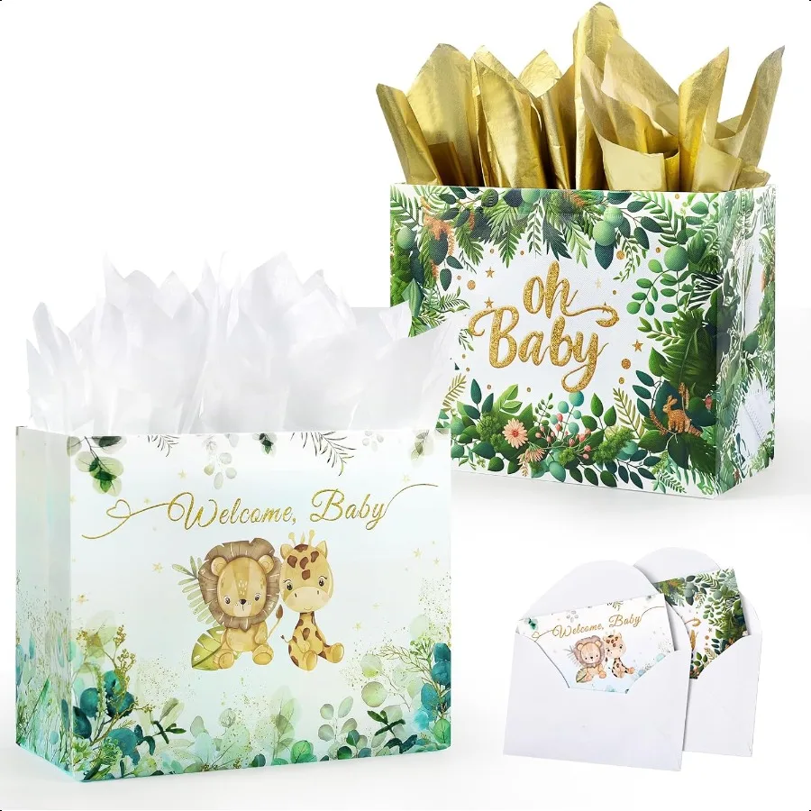 

2 Pack 13" Large Baby Gift Bag for Baby Shower Reusable NonWoven Baby Gift Wrap Bags with Tissue Paper and Greeting Card for Bo