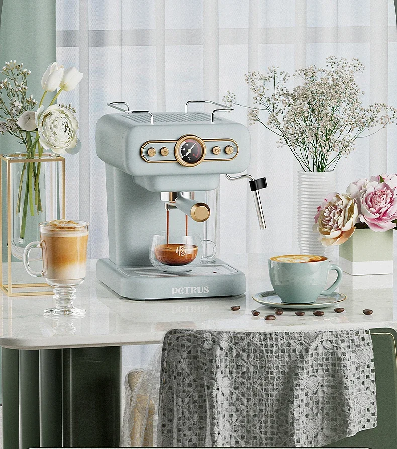 220V Petrus Retro Espresso Coffee Machine Semi Automatic Compact for Home Use with Steam Milk Frother DW