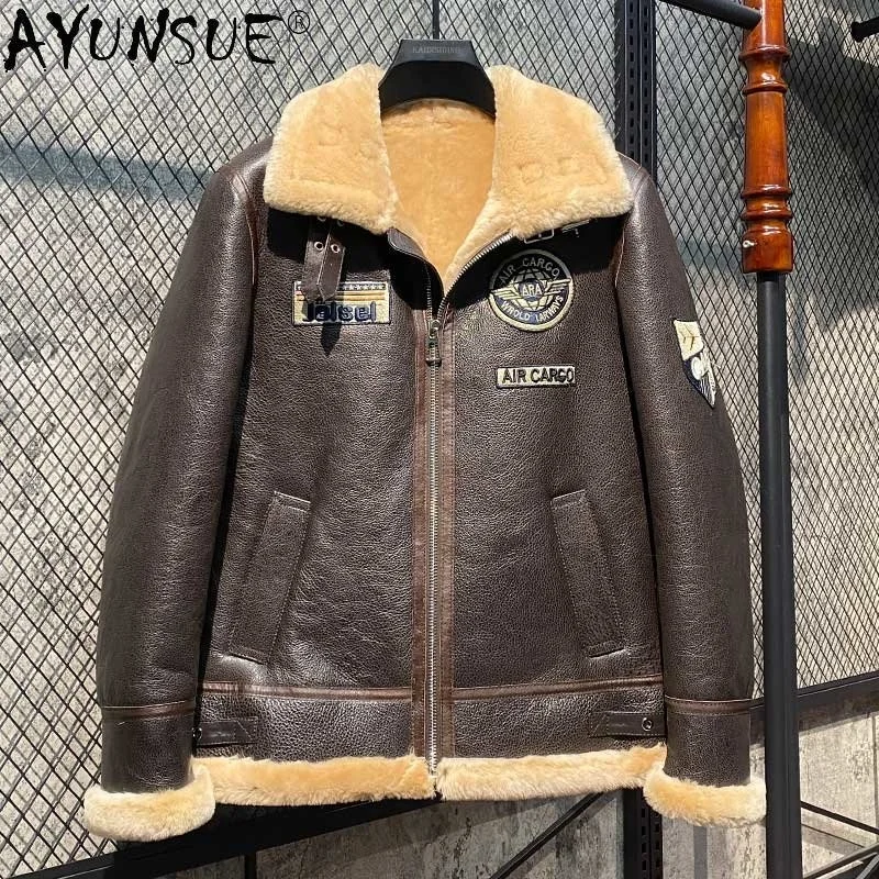 

Genuine Sheepskin Jacket Original Fur Coat Men Warm Flight Suit Leather Biker Jackets Winter Brown Coats SGG