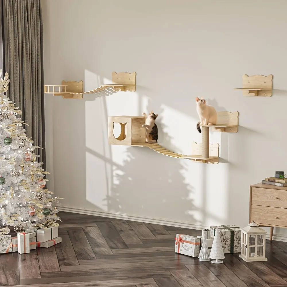 

Настенные полки для кошек, деревянная мебель для кошек, набор из 9 предметов: настенные полки для кошек с лежанкой, домиком, ступеньками, мостиком-лестницей и...